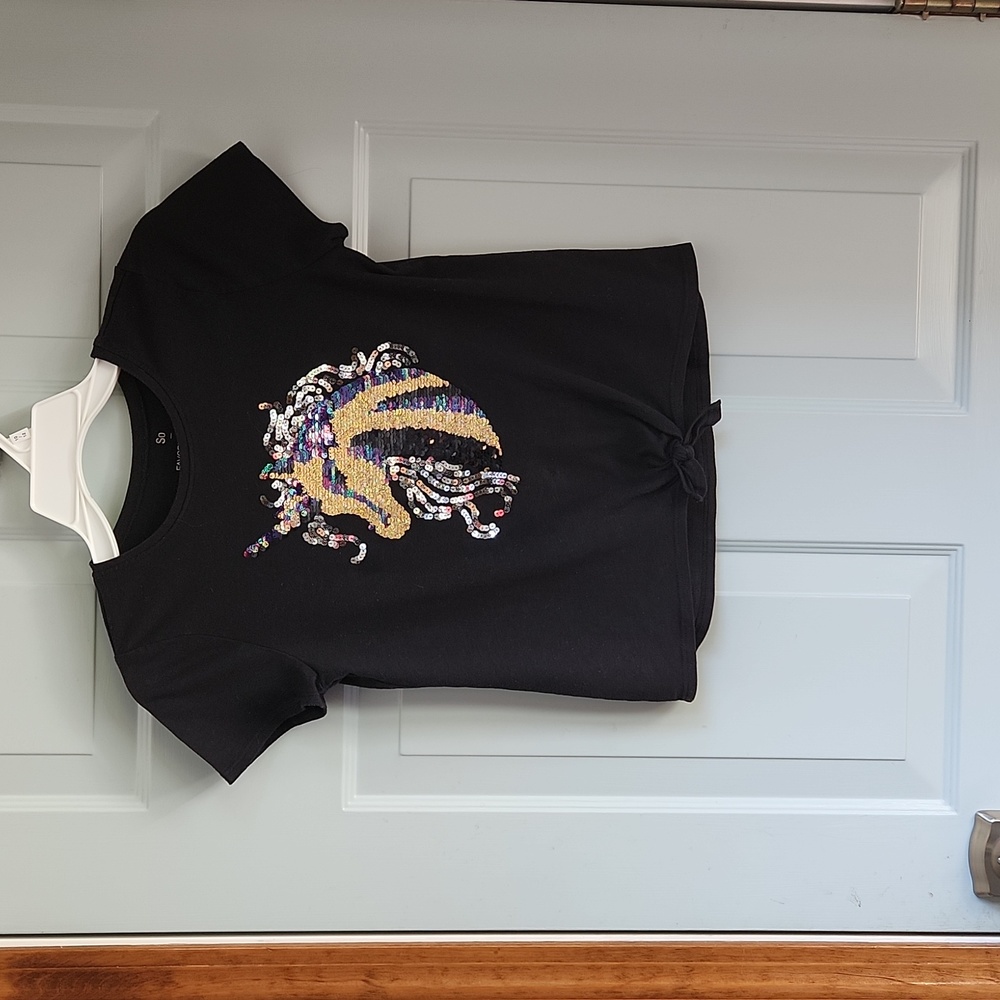 So Favorite Embellished Tee, Girl's, Sz XL(14-16), Black w Sequin Unicorn